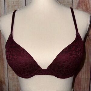 PINK Victoria's Secret 32A Wear Everywhere Lace Bra Burgundy Leopard print